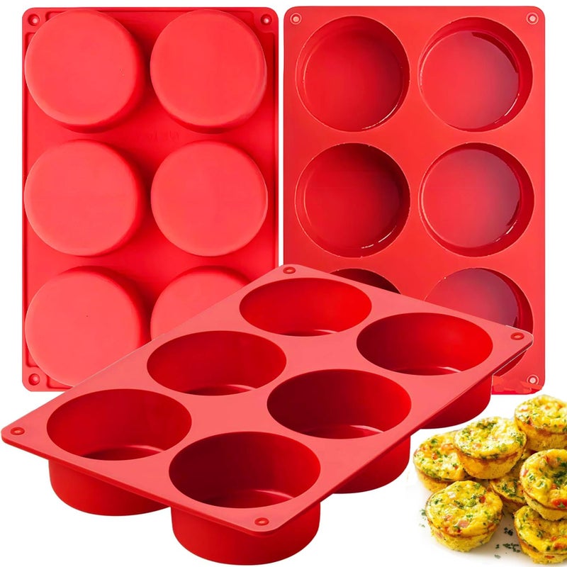 Dootafy Silicone Egg Bite Molds, 3 Pack Deep 3 Inch Dash Egg Cups Sous Vide Egg Mold Round Rolls Molds for Egg Breakfast Sandwiches Omelets Dinner Rolls Baking - Red - Image 1